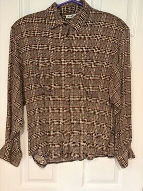 Anne Klein II Brown Plaid Long-Sleeve Button-Up Silk Blouse